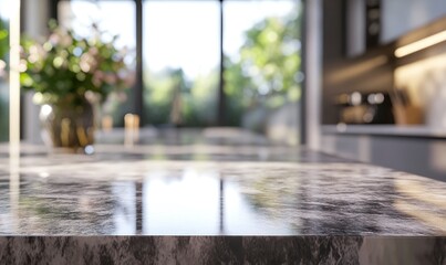 marble countertop in a modern kitchen, with a blurry background and bokeh effect