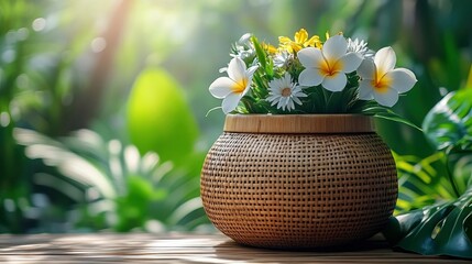 Serene Tropical Blooms in Woven Bamboo Pot