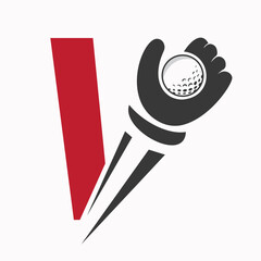 Initial Golf Logo On Letter V Concept With Hand And Golf Ball Symbol Vector And Template