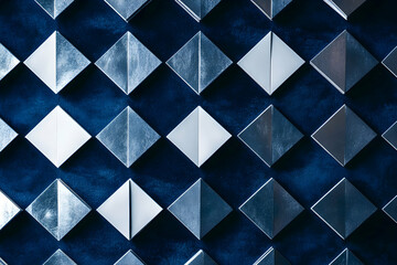Geometric Precision, Silver Origami Diamonds on Deep Blue Velvet, A Symphony of Texture and Light Creating a Mesmerizing Visual Dance