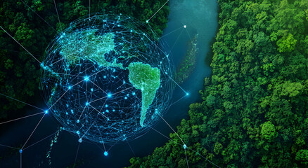 Global Connectivity and Environmental Harmony, A Visualization of Interconnected Networks Over Lush Green Landscapes Emphasizing Technological Advancement and Ecological Balance