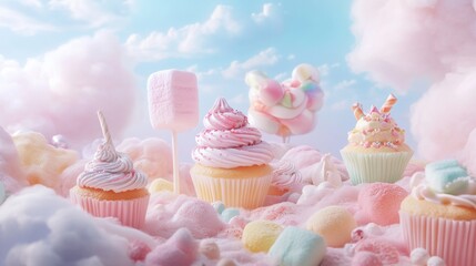 A dreamy pastel candyland scene with various sweets like marshmallows, cupcakes, and cotton candy.