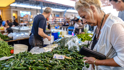 An elderly retired blonde woman happily shopping at a fruit and vegetable bazaar on a summer day