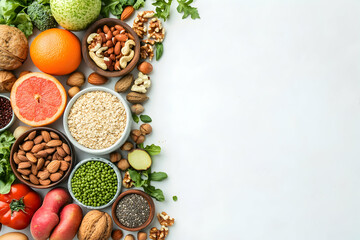 Healthy eating concept showcasing a variety of nutritious foods including fruits, vegetables, nuts, seeds, and whole grains with copy space