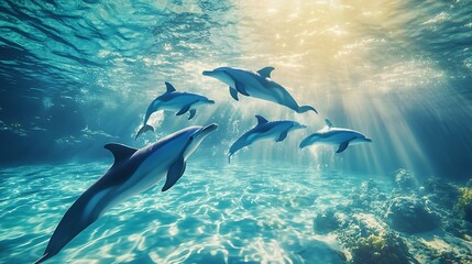 Naklejka premium Sunlight Dappled Dolphins: A Serene Underwater Scene