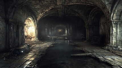 Obraz premium Mysterious Underground Tunnel with Arches and Standing Water creates a sense of mystery and intrigue