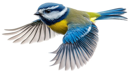Single blue tit bird in mid-flight, wings fully spread wide, showcasing intricate feather details in bold, vibrant colors. The bird's bright blue and yellow plumage. Isolated on white background