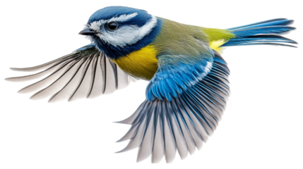 Single blue tit bird in mid-flight, wings fully spread wide, showcasing intricate feather details in bold, vibrant colors. The bird's bright blue and yellow plumage. Isolated on white background