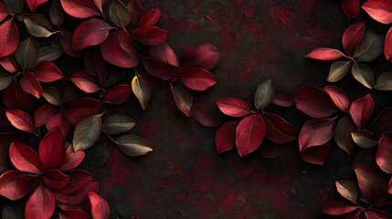 Deep burgundy and green magnolia leaves scattered across a textured oil-painted background, a luxurious composition with subtle gradients and soft highlights,