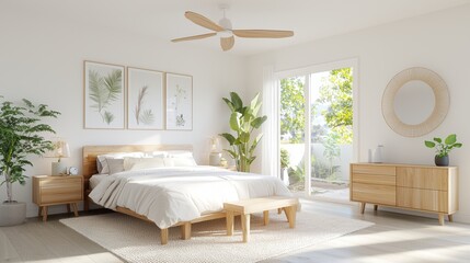 Fototapeta premium serene bedroom with minimalist bed frame, neutral tones, and natural light