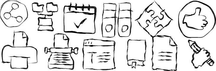 Collection of copyright line icons in doodle style .hand drawn icon Writer pen and typewriter for writing articles, magnet for attracting blog followers and feedback, new ideas for text thin black