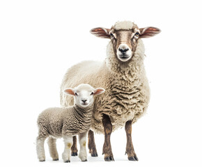 Fototapeta premium Heartwarming Portrait of a Ewe with Her Adorable Lamb, Symbolizing Motherhood and New Life on a Pure White Canvas, Creating a Serene and Peaceful Image