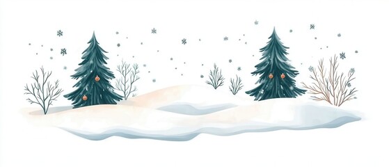 Fototapeta premium Charming Winter Landscape with Evergreen Trees and Snowy Ground Surrounded by Delicate Snowflakes