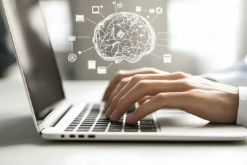 Human Interaction with AI, Hands Typing on Laptop with Digital Brain Interface Overlay, Representing Machine Learning, Neural Networks, and Cognitive Technology