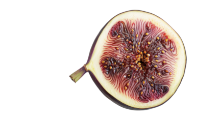 Fresh fig cut in half showing seeds and flesh on transparent background
