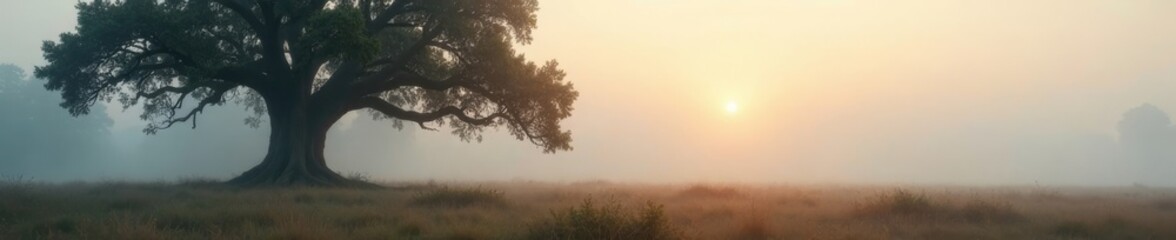 Obraz premium Ancient oak, mist-shrouded field, ethereal fog , atmosphere, light, brown