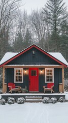 A Red Door Cabin Surrounded By Snow Covered Trees Is Shown