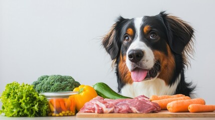 Pet wellness includes diet and supplements. Dog with fresh ingredients on a kitchen counter.