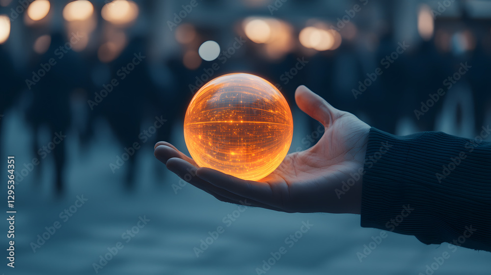 Wall mural illuminated orange sphere in hand against crowd: a symbol of technology and connection