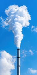A tall industrial smokestack against a clear blue sky emitting light smoke from its top as part of a factory