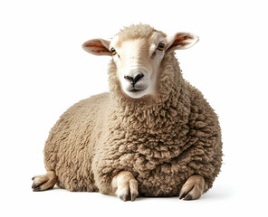 Fototapeta premium Isolated Portrait of a Calm White Sheep Resting Peacefully Against a Clean White Background, Symbolizing Serenity and Rural Pastoral Life