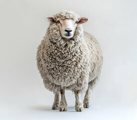 Fototapeta premium Isolated Portrait of a Fluffy White Sheep Standing on a Seamless White Background, Capturing the Essence of Farm Animals and Agricultural Imagery