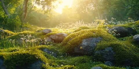 Dewy moss-covered rocks glowing softly in the morning sun