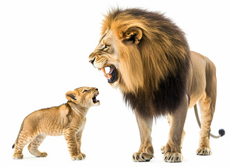 Obraz premium Lion and Cub Roaring on White Background, A Powerful Display of Family Bond and Instinctive Behavior in the Animal Kingdom, Majestic Wildlife Imagery