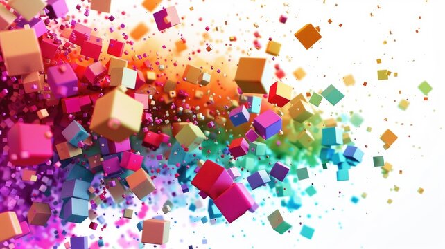 Abstract chaotic and energetic of mixed dust explode with square object, burst of broken colorful cube pattern scattering. Dynamic movement of vivid blocks convey sense of power and creativity. AIG53.