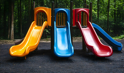Three colorful playground slides in a forest setting offer a fun and playful scene perfect for children's imagery, website banners, or articles about outdoor play.