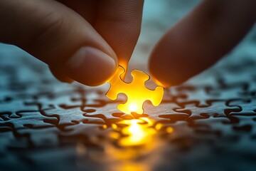 A hand placing the final golden piece into the jigsaw puzzle