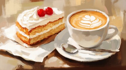 Delicious slice of cake with whipped cream and cherries alongside a creamy cup of latte presented in a cozy café setting