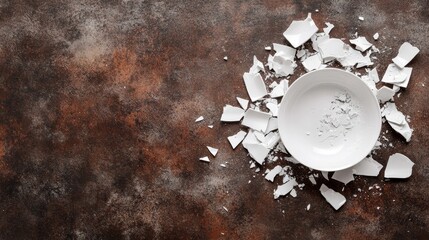 83.A top-down view of white porcelain fragments scattered across a rustic brown background, depicting the emotional impact of a broken dish in a minimalist and somber setting.