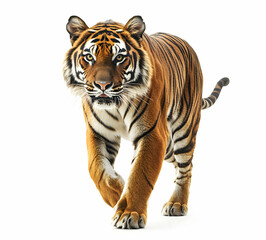Magnificent Bengal Tiger Strolling Confidently in Isolation, A Striking Wildlife Portrait Capturing the Essence and Power of this Majestic Predator on a Clean Background