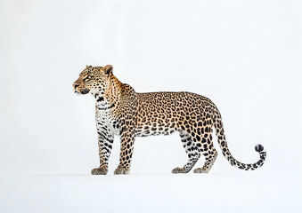Fototapeta premium Magnificent Leopard Portrait, Capturing the Essence of Wildlife Elegance in High Detail on a Seamless White Background with Striking Clarity