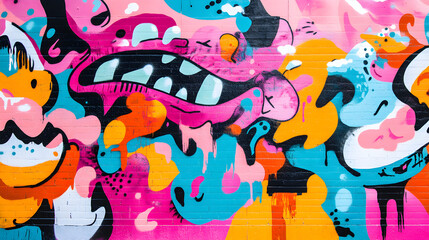 street art mural bursting with graffiti in neon pinks, electric blues, and fiery oranges covering an urban wall 