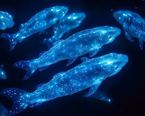 Naklejka premium These bioluminescent whales swim in an amazing dark blue ocean