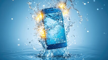 a blue smart phone dipping verticaly inside blue water with reflection of golden lights on it.