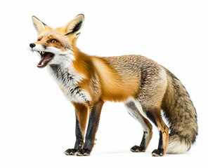 Fototapeta premium Magnificent Red Fox Displaying Its Sharp Teeth in a Fierce Snarl Against a Pristine White Background, Revealing the Beauty and Ferocity of Wildlife