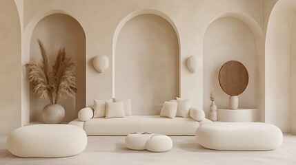 A modern interior design with arches and a cozy living space