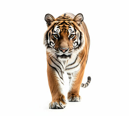 Fototapeta premium Magnificent Tiger Strolling Forward on Pure White Canvas, Showcasing its Majestic Stripes and Powerful Gait in Striking Detail and Isolation