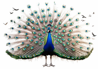 Fototapeta premium Magnificent peacock displaying vibrant plumage with elegance, a symbol of beauty, grace, and allure against a pristine white canvas in avian splendor