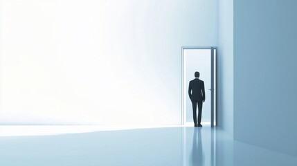 Obraz premium Executive departures with an office building with the door closing. Featuring leadership change and career transition