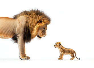 Obraz premium Majestic Encounter, An Adult Lion Gazes Upon Its Tiny Cub in a Studio Shot Revealing the tenderness and protective nature of the king of the jungle