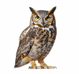 Fototapeta premium Majestic Great Horned Owl Portrait, Striking Yellow Eyes and Intricate Feather Details Against a Clean White Background Showcasing Nature's Beauty