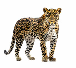 Obraz premium Majestic Leopard Portrait on White Background, Capturing the Essence and Beauty of Wildlife in High Detail and Striking Isolation for Conservation