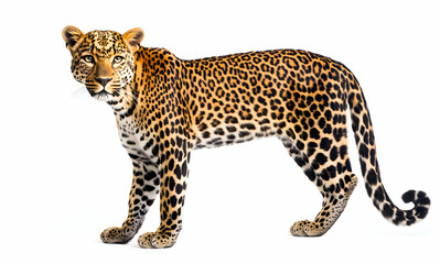Fototapeta premium Majestic Leopard Portrait, Captivating Wildlife Image Showcasing the Beauty and Power of this Iconic Predator Against a Clean White Background