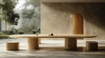 Modern wooden dining table,  outdoor patio,  misty forest view