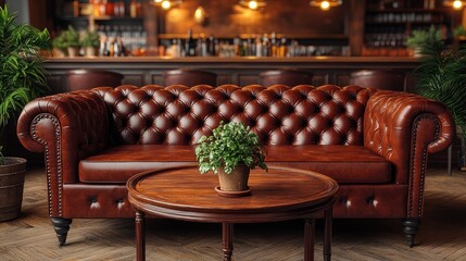 Stylish brown leather couch in a rustic bar
