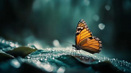 Obraz premium Monarch on Dewy Leaf: Delicate Landing 